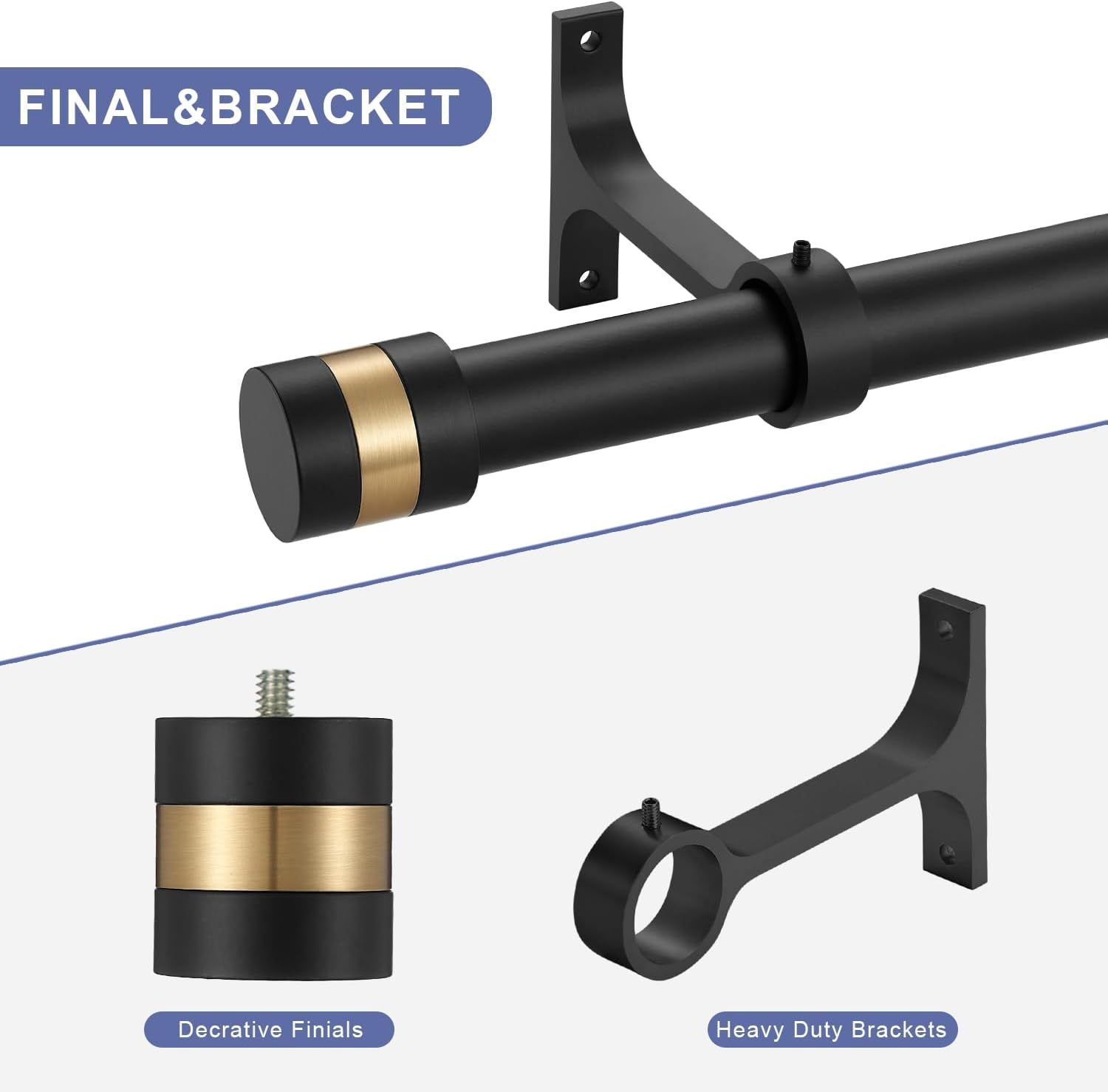 AUCT 21215 - 1Inch Diameter Single Curtain Rods with Decorative Finials 72-144inch, Matte Black - Image 2