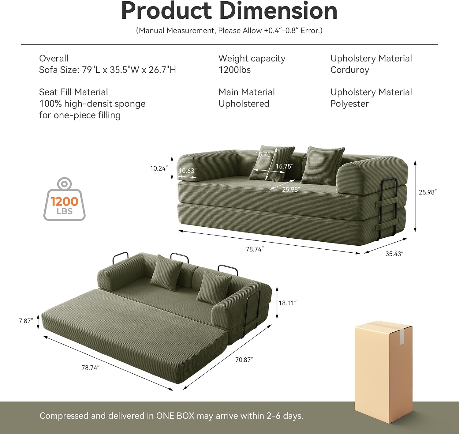 AUCT 20452z - $260 79" Convertible Sofa Bed, Boneless Couch for Living Room (Light Green) - Image 2