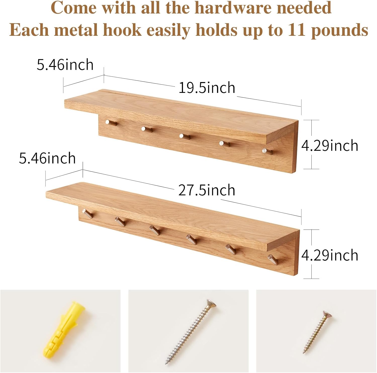 AUCT 22527 - Oak Wood Coat Rack Wall Mount With Shelf 20 Inch Long, 5 Hooks, Floating Entryway Wall She - Image 3