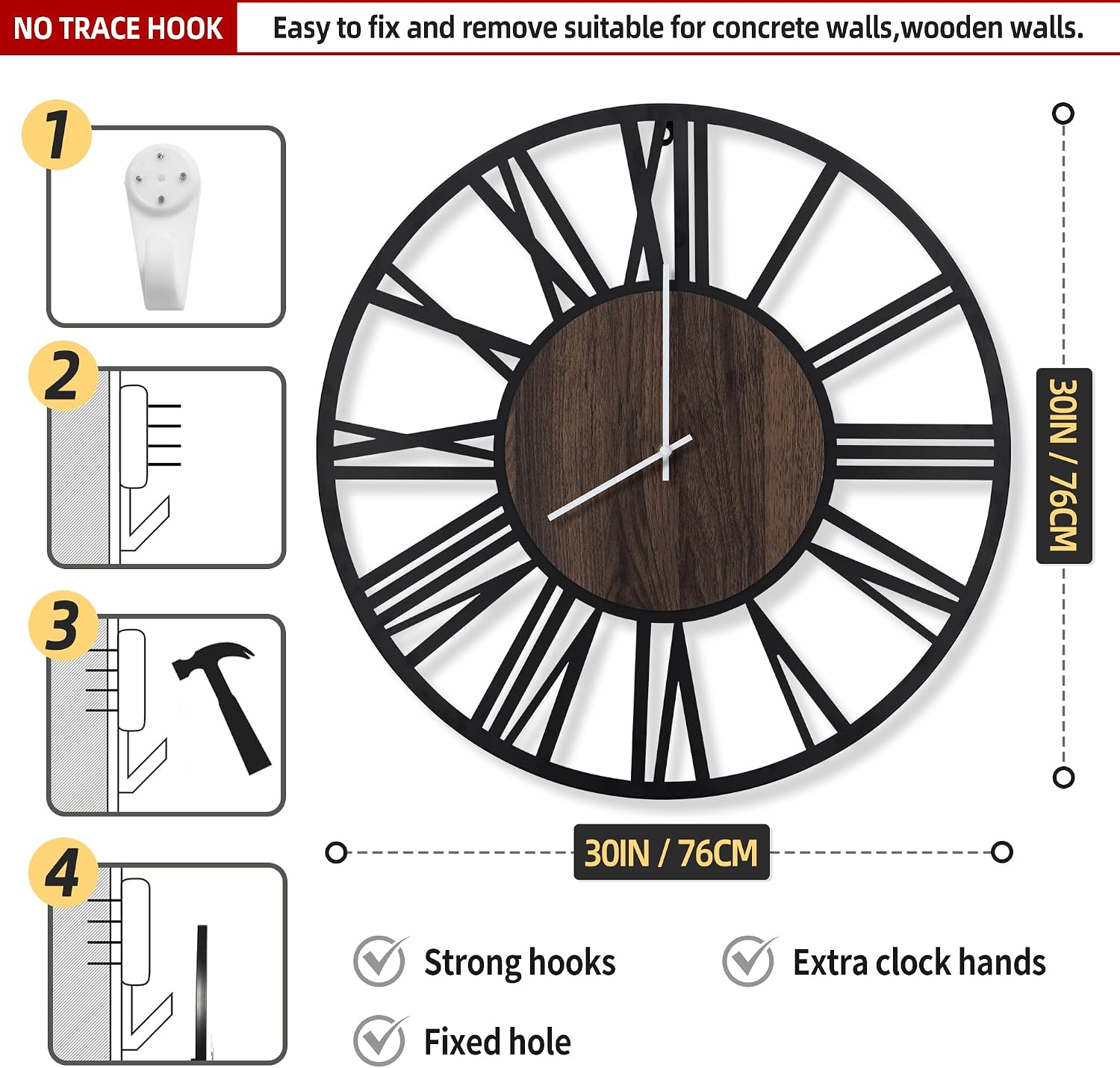 AUCT 22663 - $106 LEIKE 30" Oversized Wall Clock, LED Backlit Industrial Home Decor - Image 3