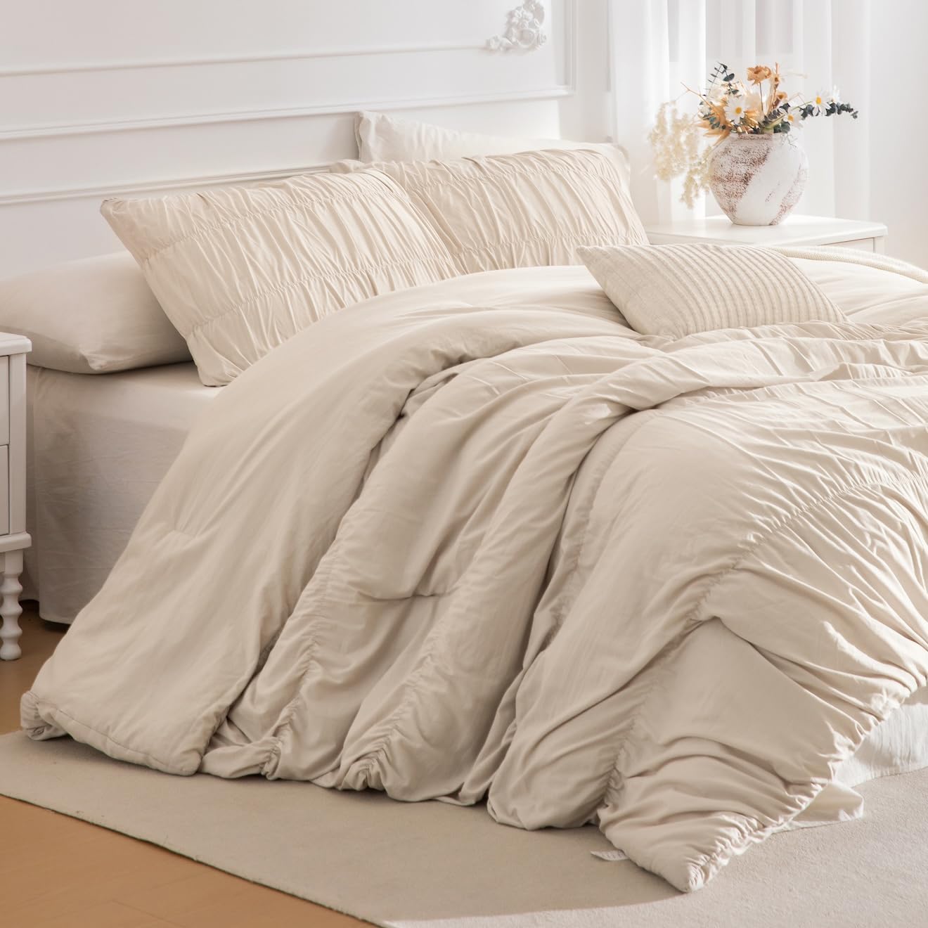 AUCT 20586 - $59 Lady Ann Oversized King 120 x 98 Bed Comforter Set- Wheat Ruched Boho Comforter Set fo