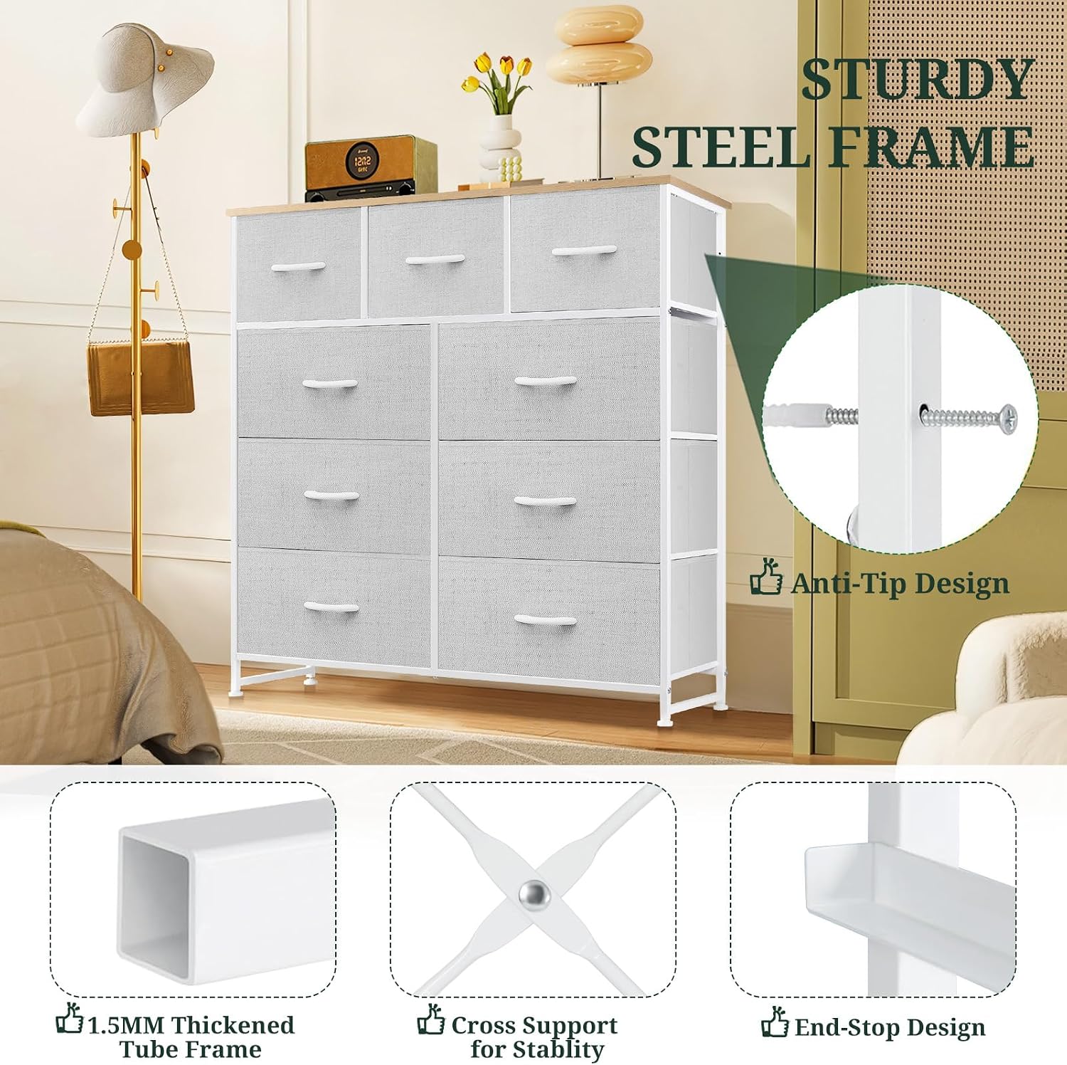 AUCT 22615 - $69 9-Drawer Dresser for Bedroom, Anti-Tip Tall Storage Organizer - Image 4
