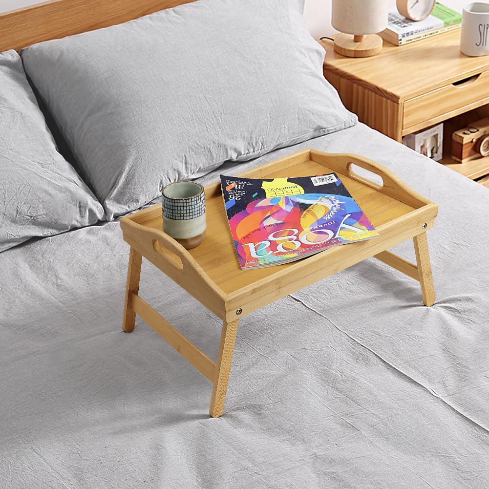 AUCT 20908 - WKWKER Bamboo Bed Tray Table with Folding Legs Set of 2 Foldable Breakfast Tray Portable S - Image 3