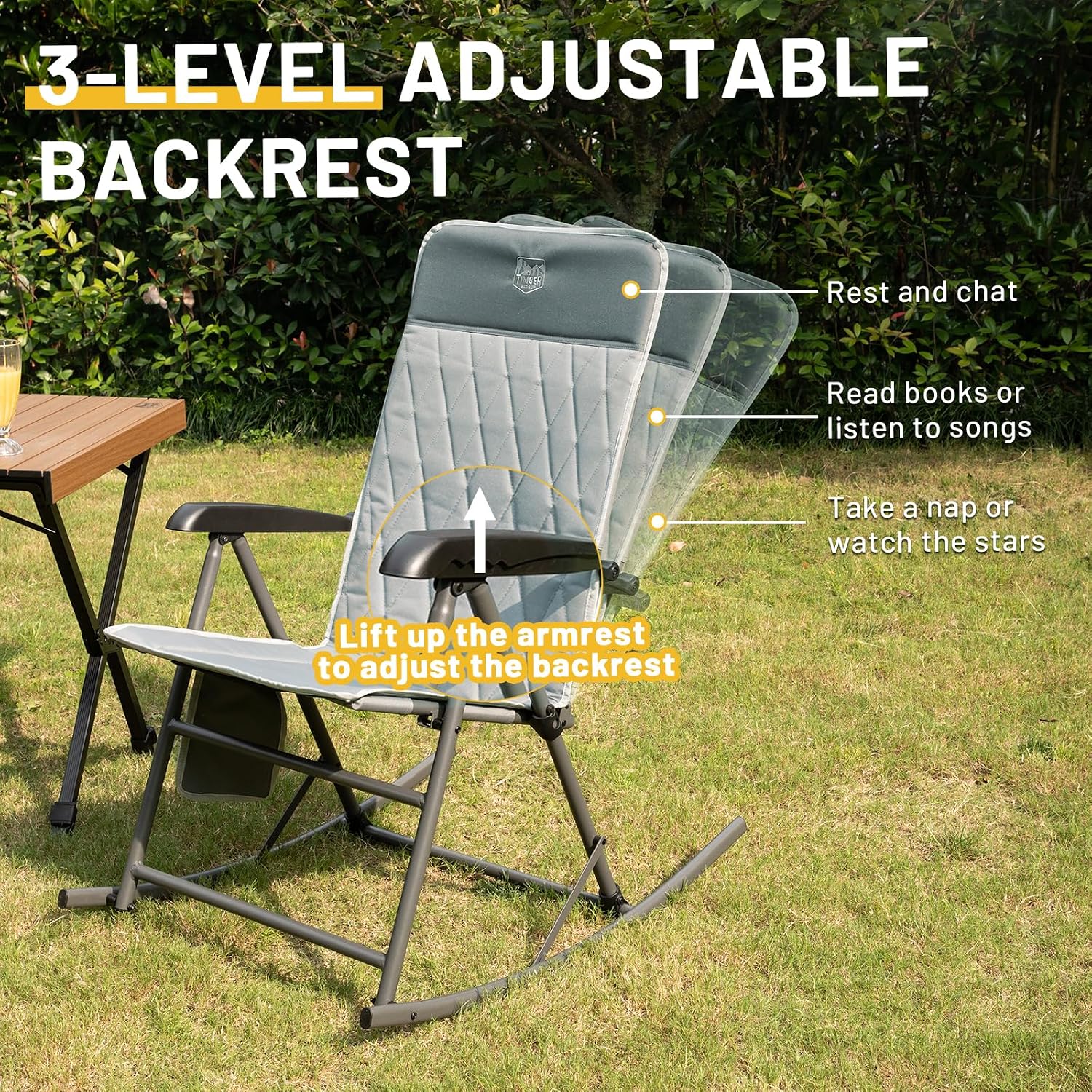 AUCT 22535 - $79 Timber Ridge 3-Level Adjustable Rocking Camping Chair, Ergonomic Padded High Back, Sup - Image 4