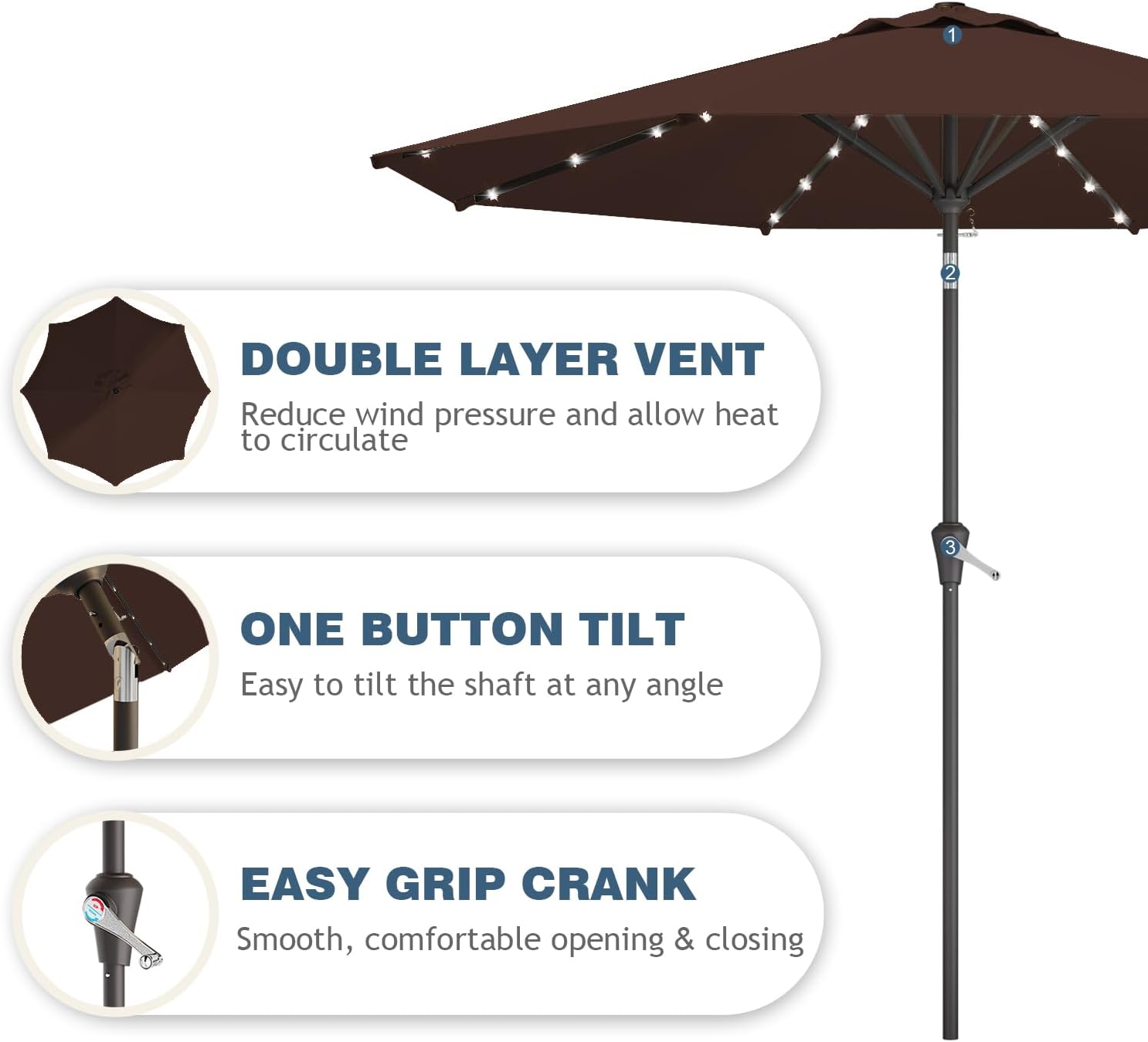 AUCT 22521 - $80 9FT Patio Umbrella with Solar Lights,Outdoor Market Umbrella with Tilt and Crank, LED - Image 2