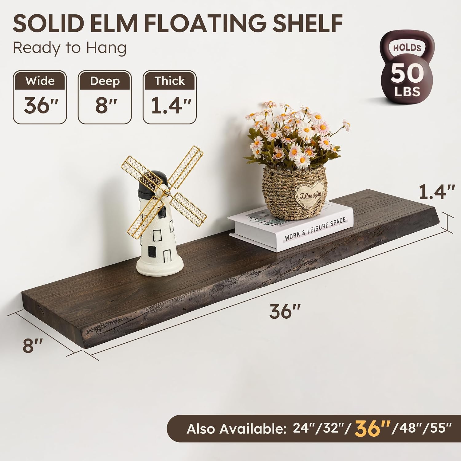 AUCT 22633 - $86 36" Live Edge Floating Shelves, Solid Elm Wood Shelf, Set of 2 - Image 3