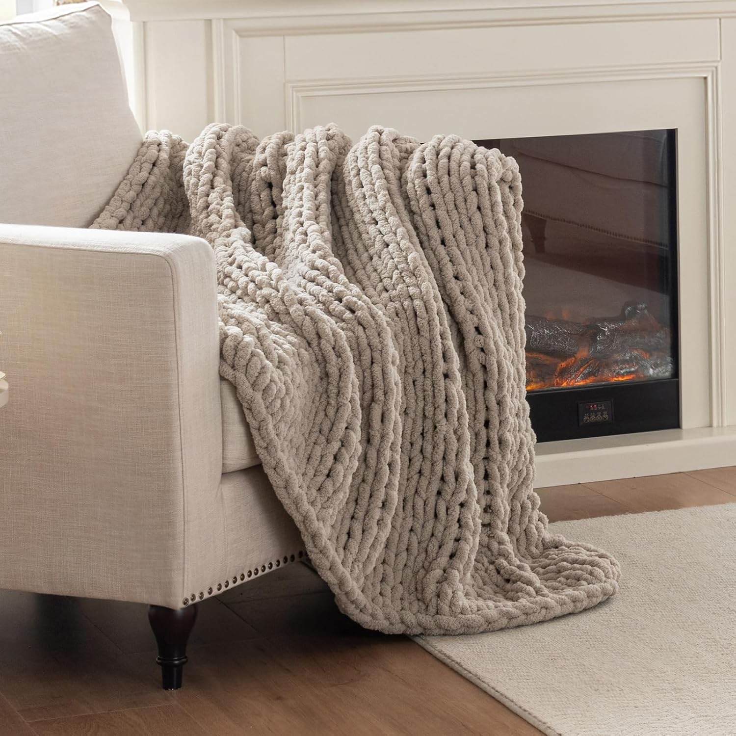 AUCT 21545 - Chunky Knit Blanket Throw, 100% Hand Knit Throw Blanket Handmade Chenille Cable Knit Throw
