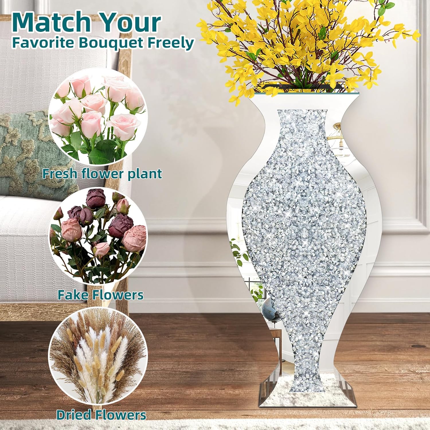 AUCT 22673 - $99 27" Tall Crushed Diamond Floor Vase, Fish-Shaped Silver Large Vases for Decor Living R - Image 3