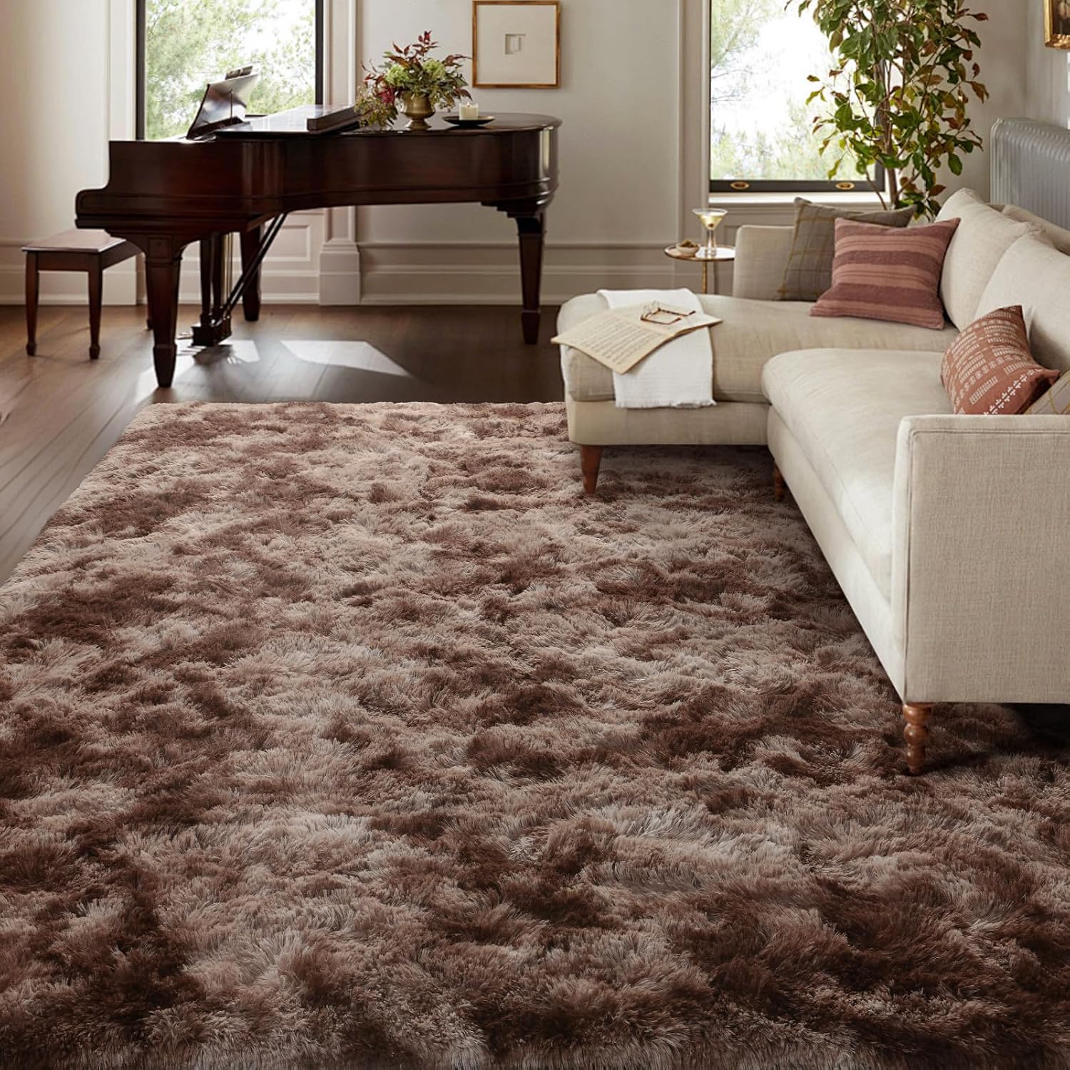 AUCT 20326 - $137 9x12 Ft Extra Large Shag Brown Area Rug for Living Room, Tie-Dyed Ultra Soft Fluffy F - Image 2