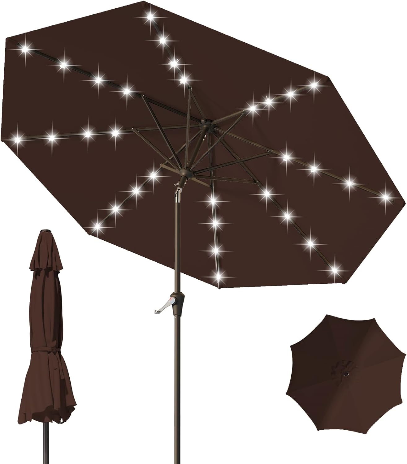 AUCT 22521 - $80 9FT Patio Umbrella with Solar Lights,Outdoor Market Umbrella with Tilt and Crank, LED