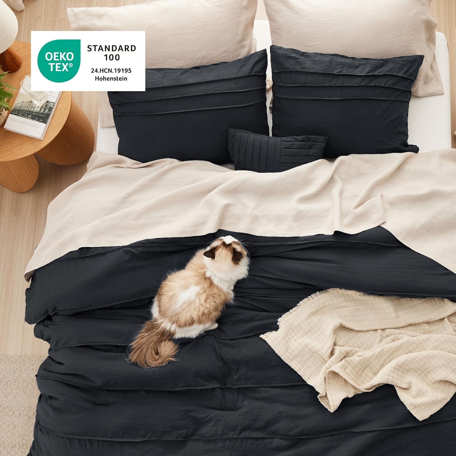 AUCT 21292 - $60 Bedsure Cal King Comforter Set 4 Piece, Black Boho, Pinch Pleat, All-Season - Image 3