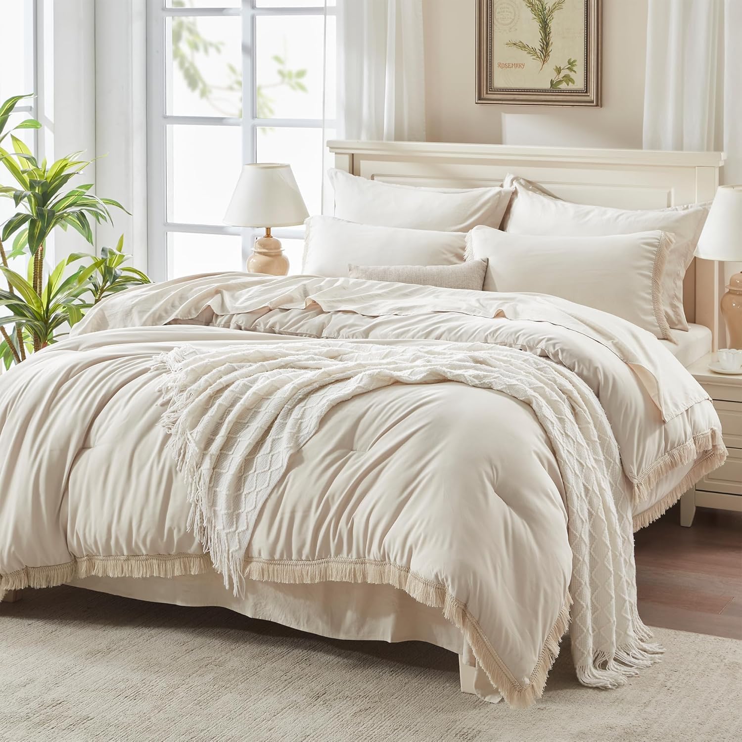 AUCT 20918 - $61 Andency Oversized King Comforter Set, 7 Pieces Beige Bedding