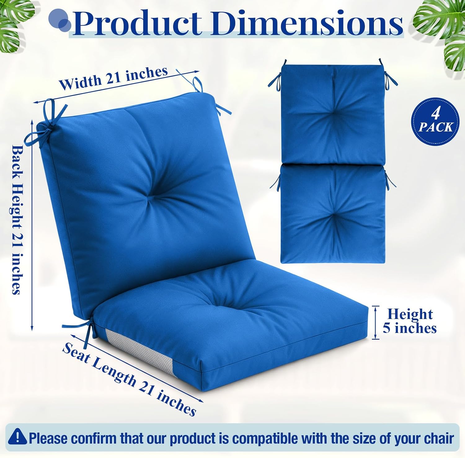 AUCT 21016 - $103 Marsui 4 Pack High Back Outdoor Chair Cushions Patio Furniture Tufted Pillow with Tie - Image 2