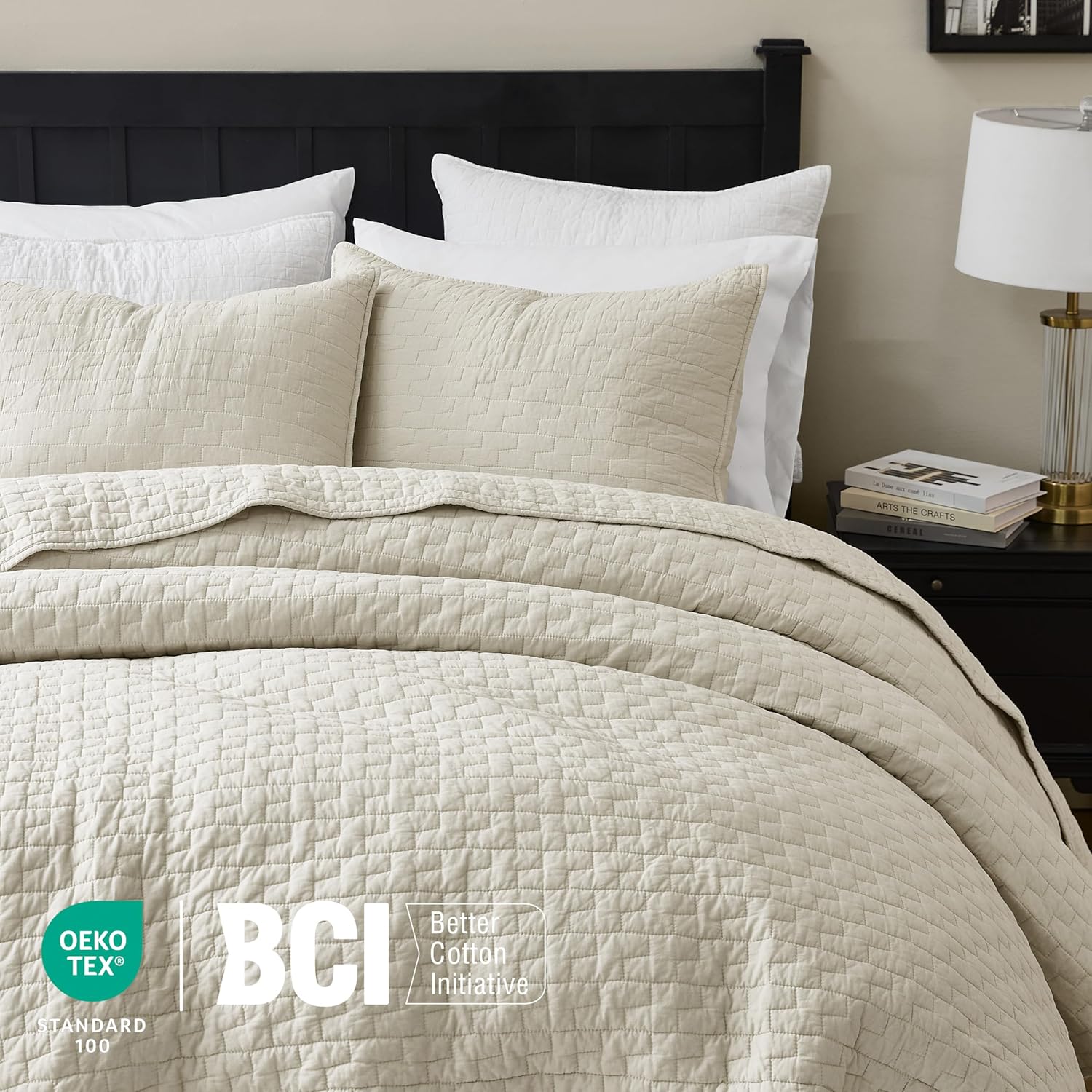 AUCT 20891 - $70 palassio Beige 100% Cotton Quilt Queen Size Bedding Sets with 2 Pillow Shams, Textured - Image 4