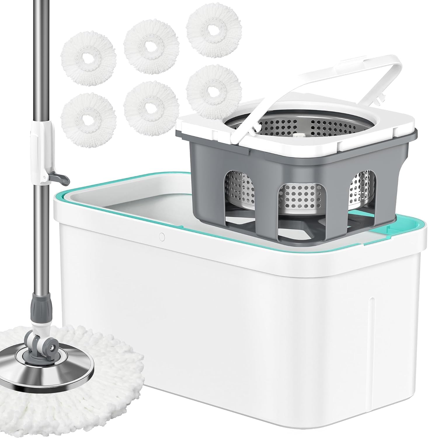 AUCT 22483 - Spin Mop and Bucket Set with Wringer and 6 Extra Microfiber Heads 5-GAL Heavy-Duty Design