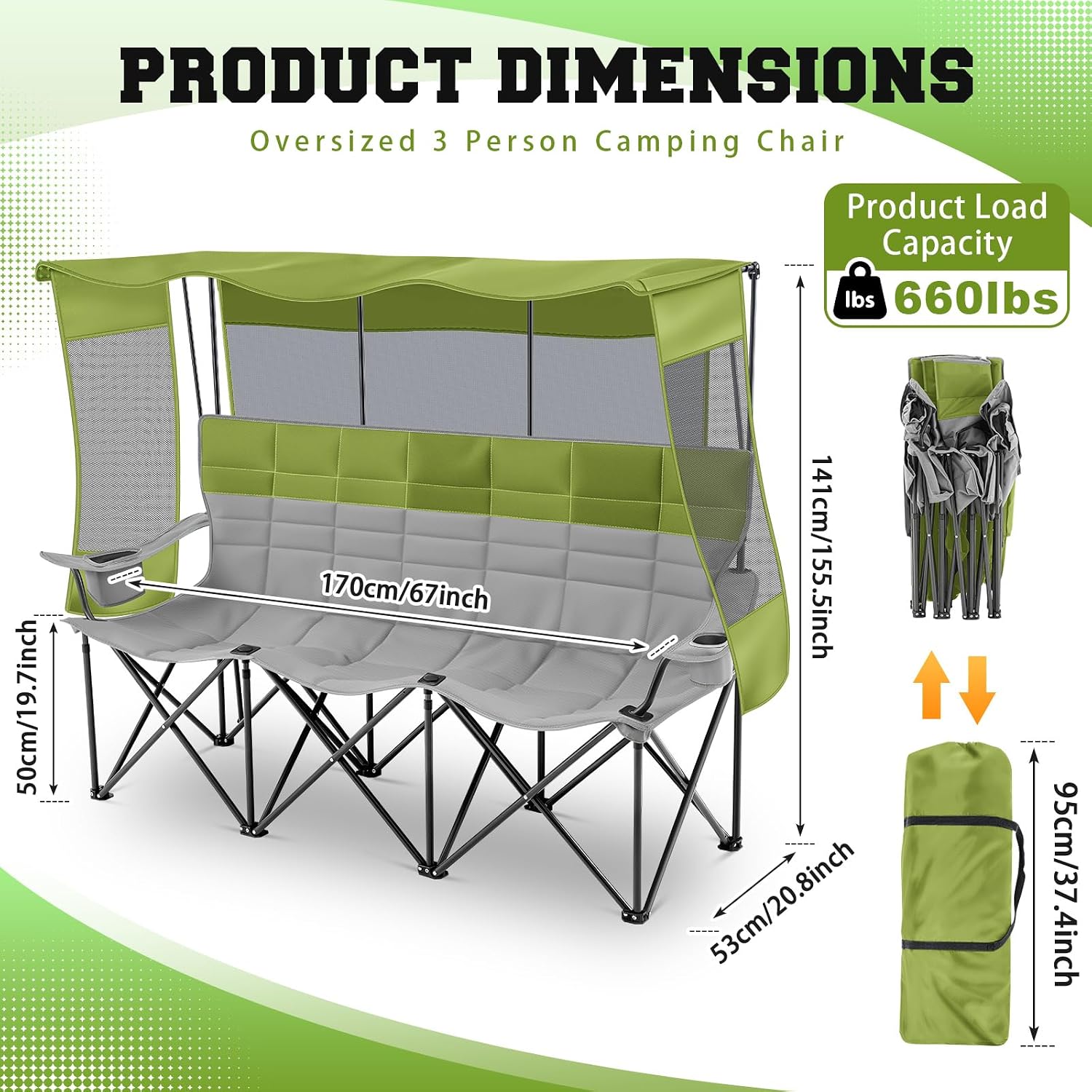 AUCT 21799 - $131 Teenyyou 3 Person Camping Chair with Canopy Shade -Oversized Beach Chair with UV Sun - Image 3