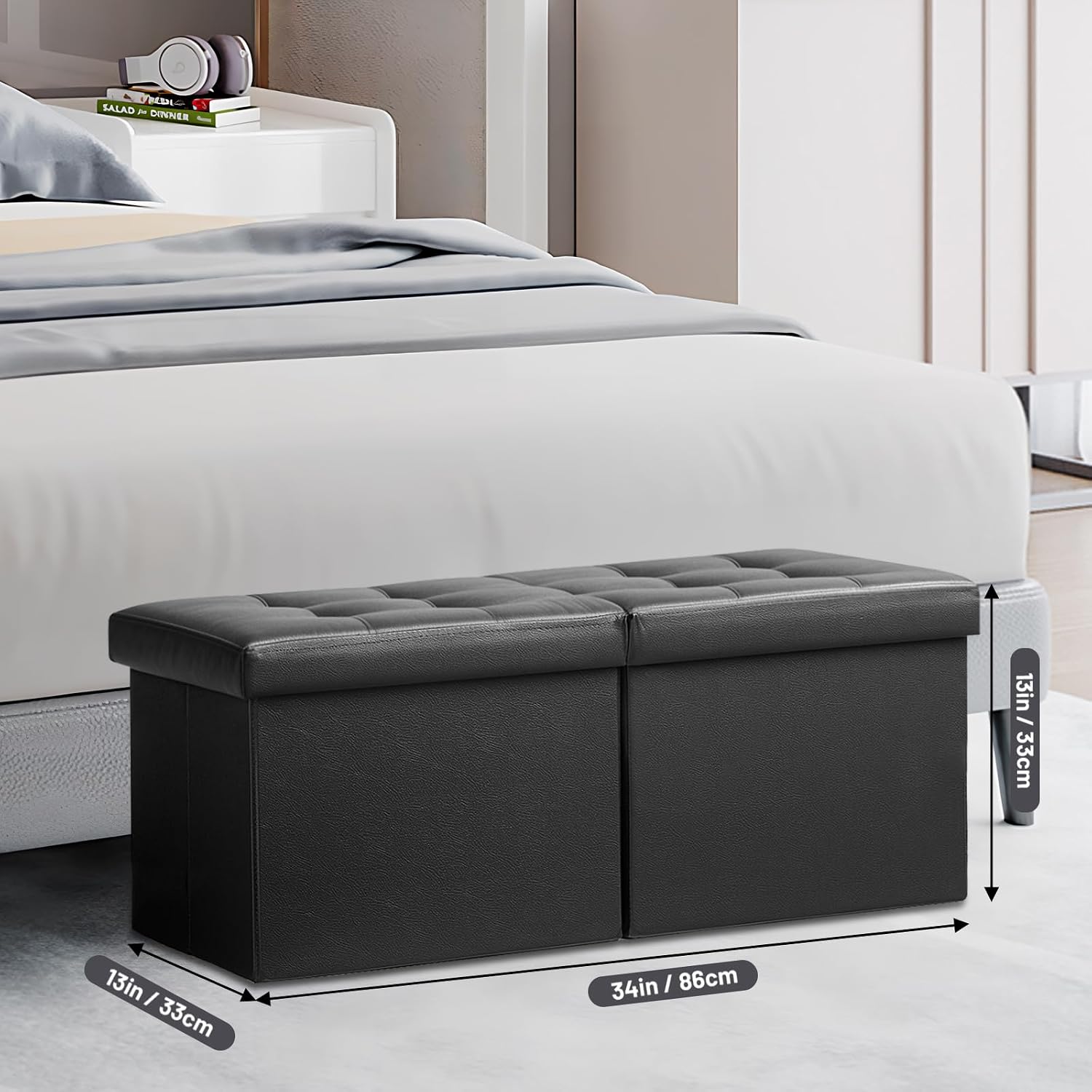 AUCT 21042 - AmasSmile Footrest Ottoman Storage Bench,34" Leather Folding Chest,Black - Image 3