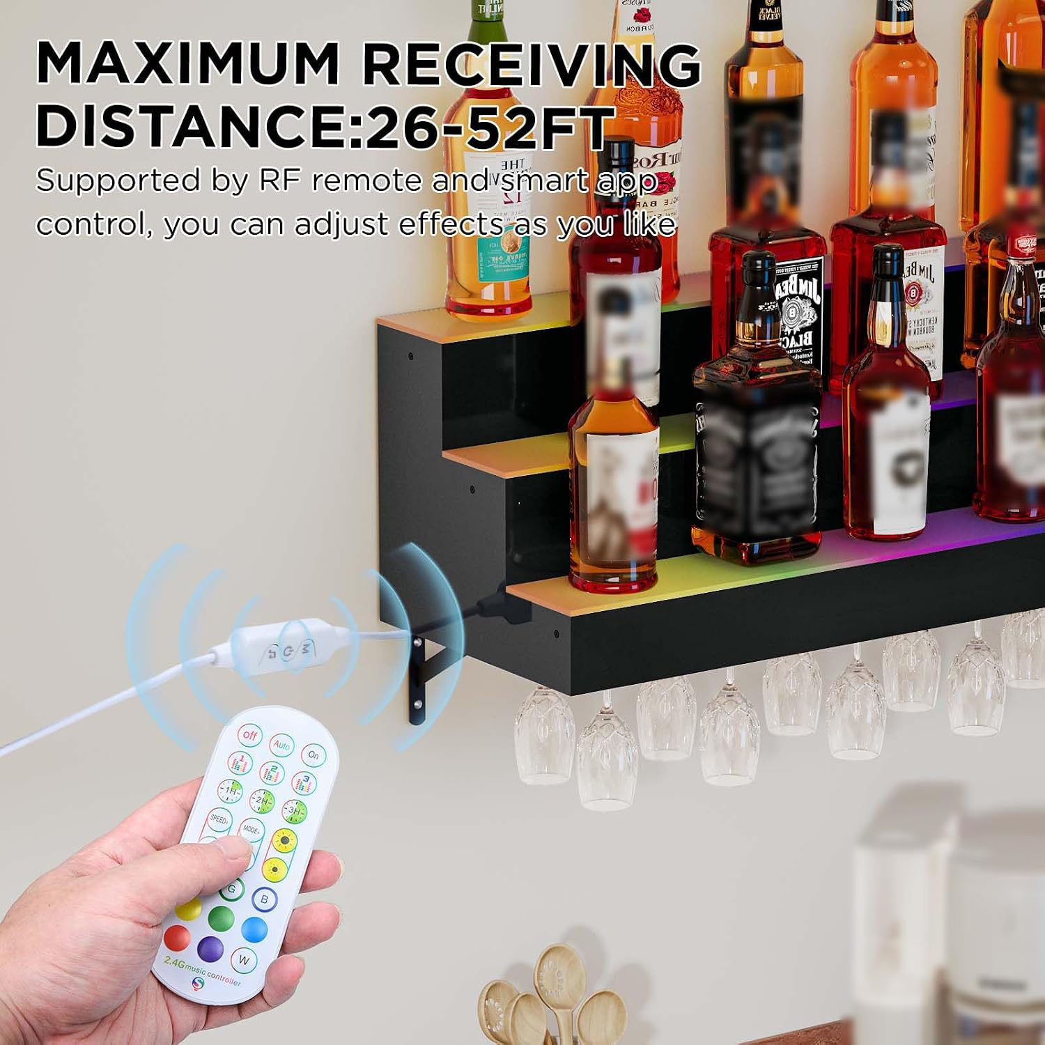 AUCT 22349 - $150 Dethan 2 Tier 24 Inch LED Lighted Liquor Bottle Display Shelf - Wall-Mounted Wine Rac - Image 3