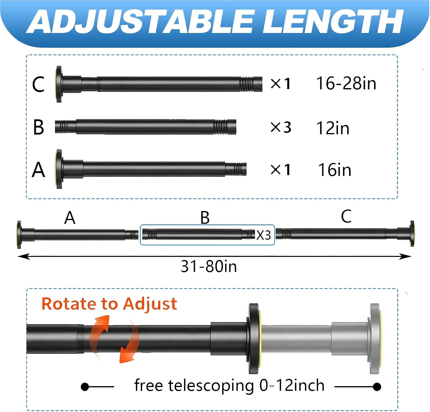 AUCT 22155 - CorkLatta 1" Heavy Duty Black Shower Curtain Rod 31 to 80 Inch,Adjustable - Image 4