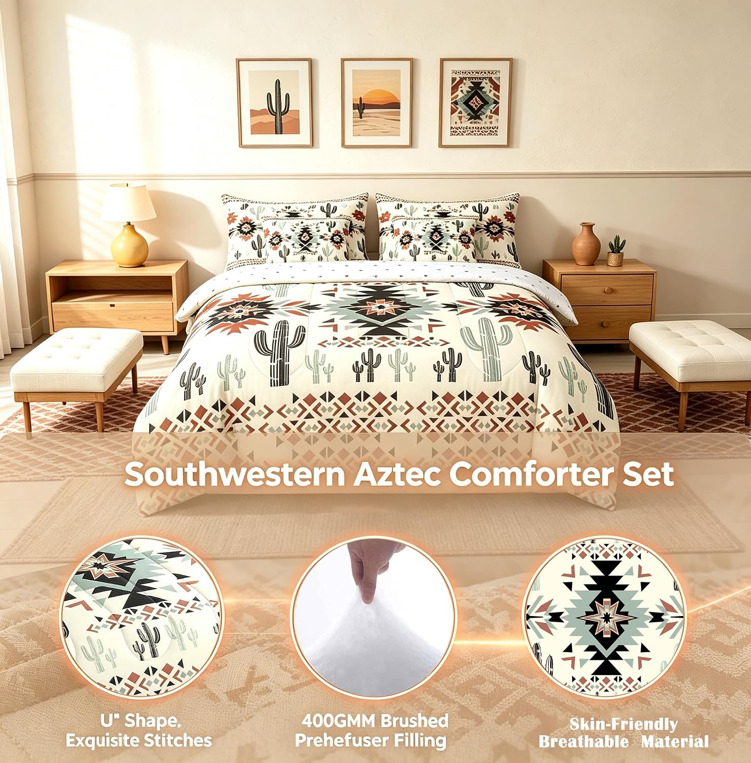 AUCT 21792 - $57 Feelyou Khaki Southwestern Aztec 7 Pieces Bedding Set Kids Geometric Vintage Comforter - Image 3