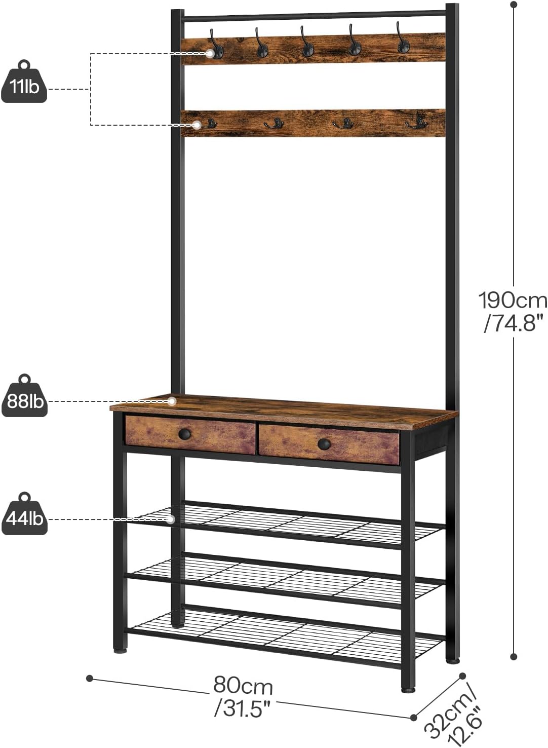 AUCT 21629 - $90 HOOBRO Hall Tree, Entryway Coat and Shoe Rack, 2 Fabric Drawers, Hall Tree with Bench, - Image 4