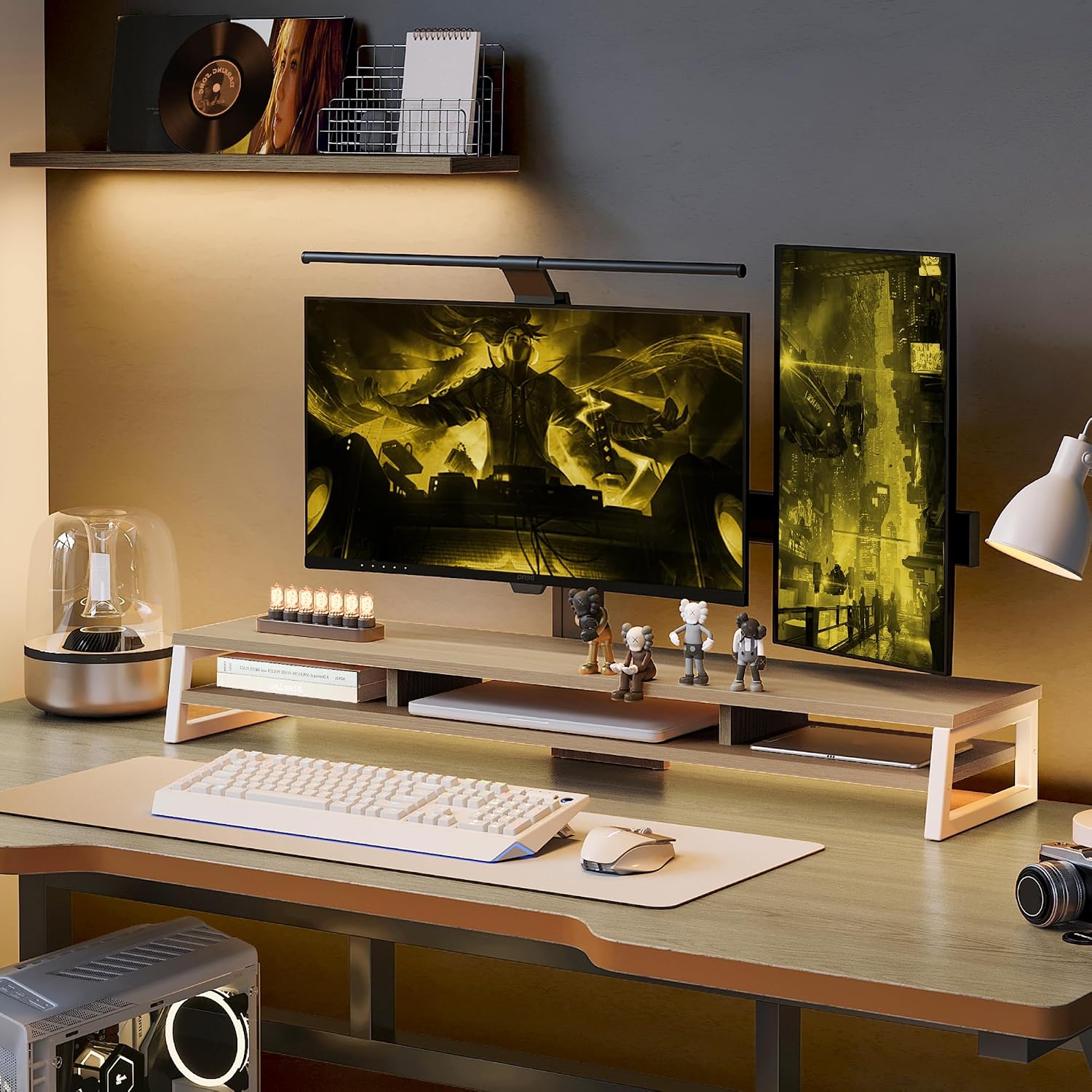 AUCT 21065 - $90 Fenge Dual Monitor Riser for Desk, Open Shelf with 3 Storage Compartments - Image 2