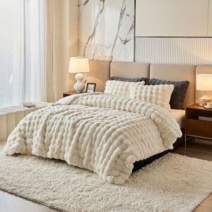 AUCT 21095 - $52 Full Faux Rabbit Fur Comforter Set - 3 Pieces Fluffy Bedding Set Ultra Soft Warm Shagg