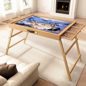 AUCT 21681 - $83 27.7" H Tall Puzzle Table with 6 Drawers, 1500 Pieces Jigsaw Puzzle Board with Folding