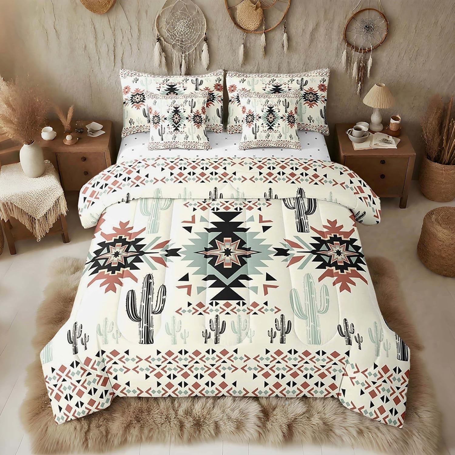 AUCT 21792 - $57 Feelyou Khaki Southwestern Aztec 7 Pieces Bedding Set Kids Geometric Vintage Comforter
