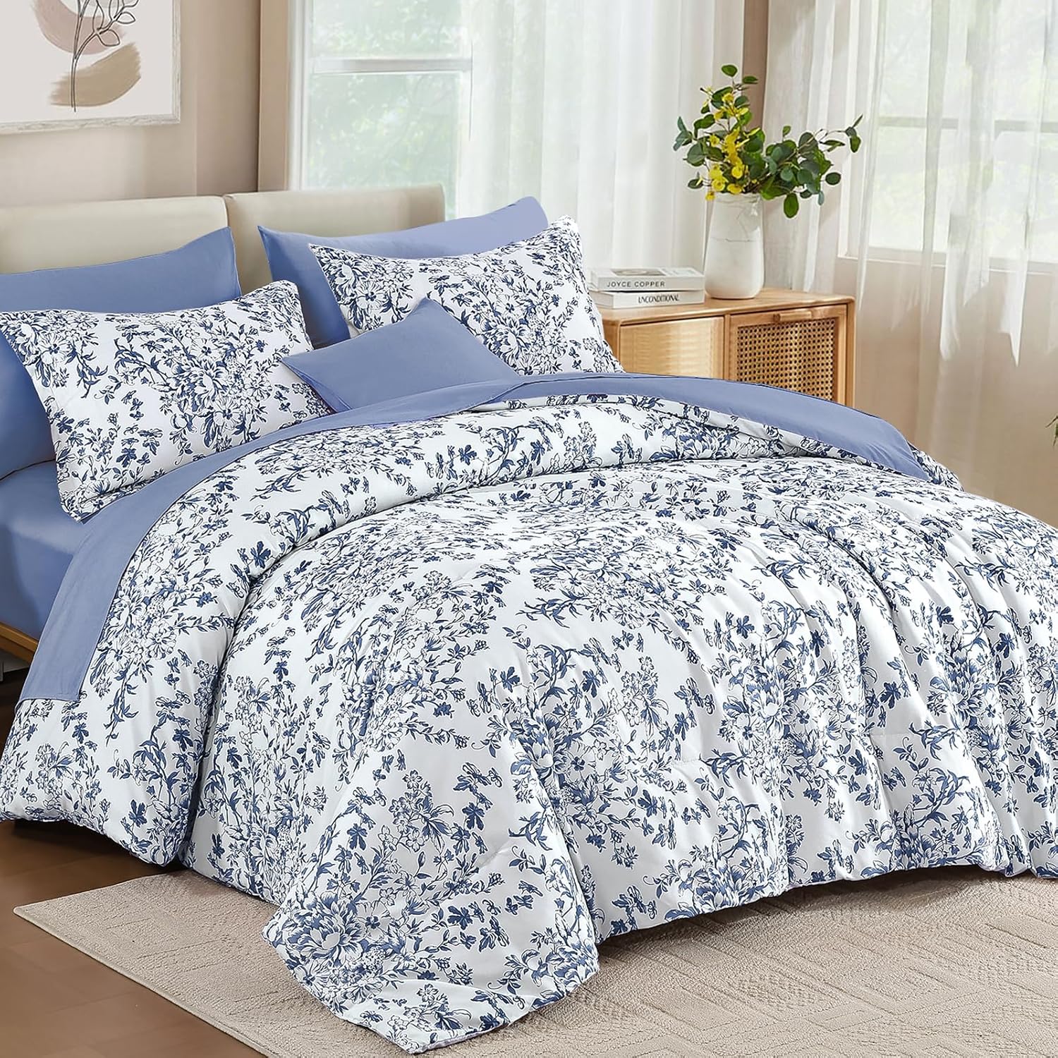 AUCT 20875 - WONGS BEDDING 8 Pieces Blue Floral Comforter Set Queen Size Bed Set - Image 2