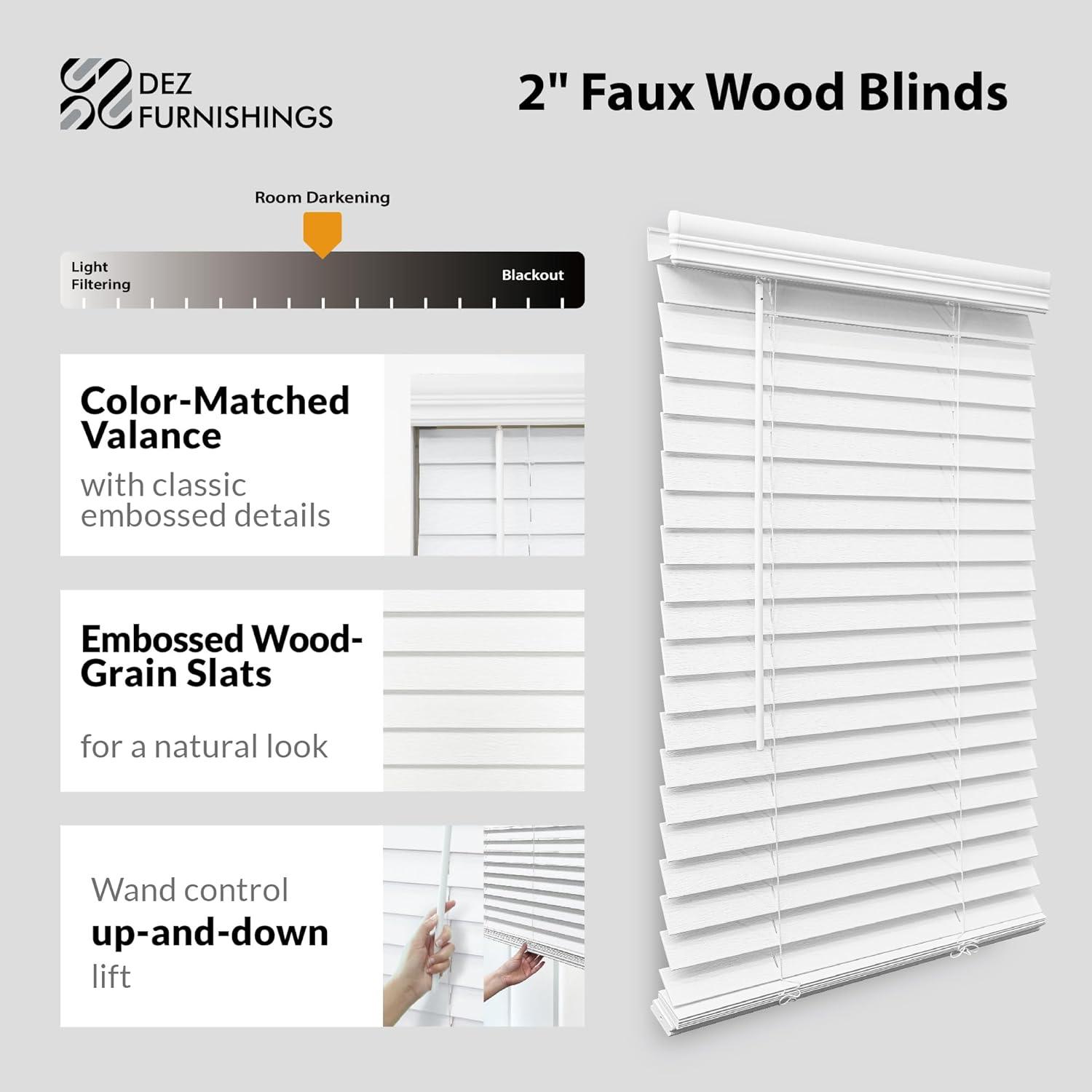 AUCT 20459 - $68 DEZ FURNISHINGS Cordless 2" Faux Wood Blind, 50" W x 64" H, White - Image 2
