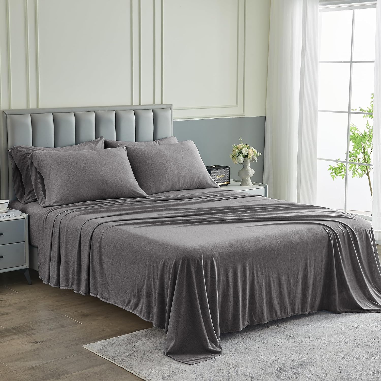 AUCT 20324 - Pure Bedding Bed Sheets - King Sheet Set 4-Piece, Heather Dark Grey - Hotel Luxury 1800 Br