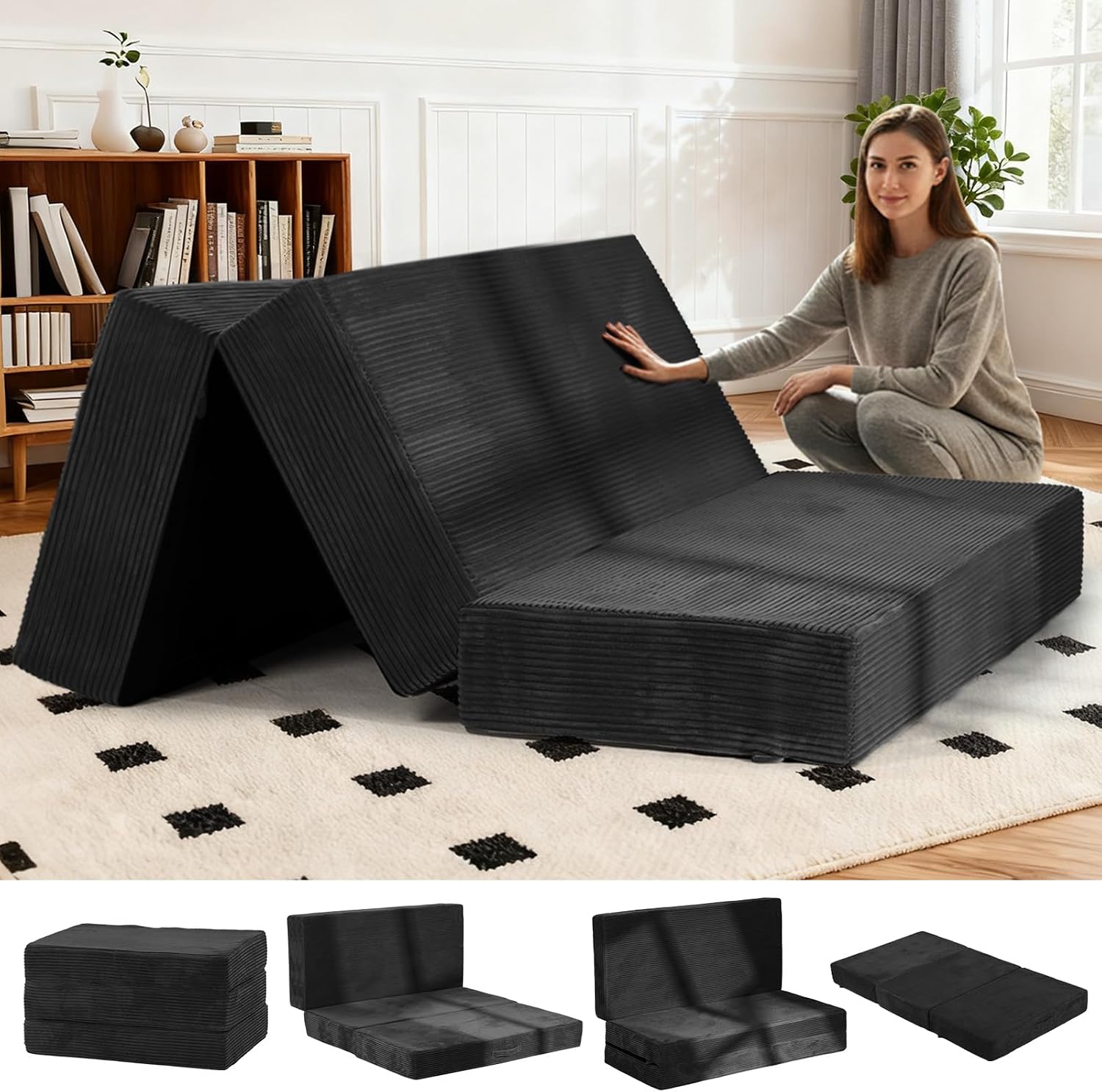 AUCT 22506 - $180 6-Inch Tri-Fold Foldable Mattress, Folding Sofa Bed with Removable Washable Cover, Po