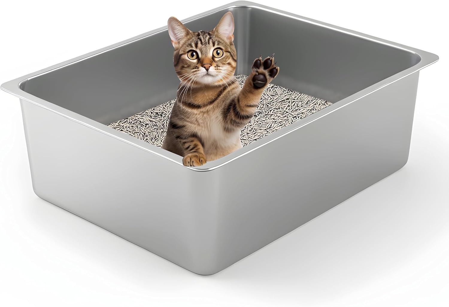 AUCT 20542 - Kirecoo Large High Sided Stainless Steel Cat Litter Box, Non-Stick