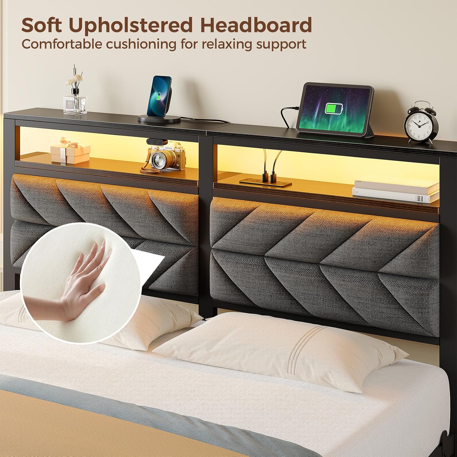 AUCT 22582 - $89 Seventable Bed Frame Twin Size with Charging Station LED Lights & Upholstered Storage - Image 4