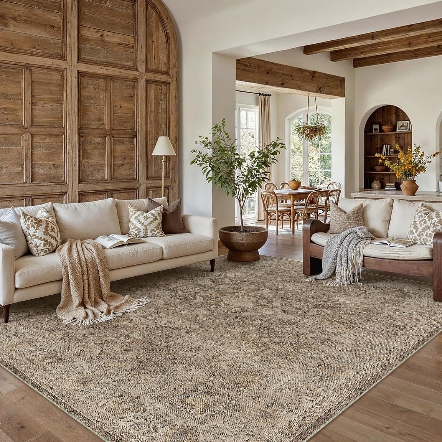 AUCT 21001 - $99 8x10 Rust Brown Washable Area Rug for Living Room Bedroom Neutral Soft Non Slip Rug Lo