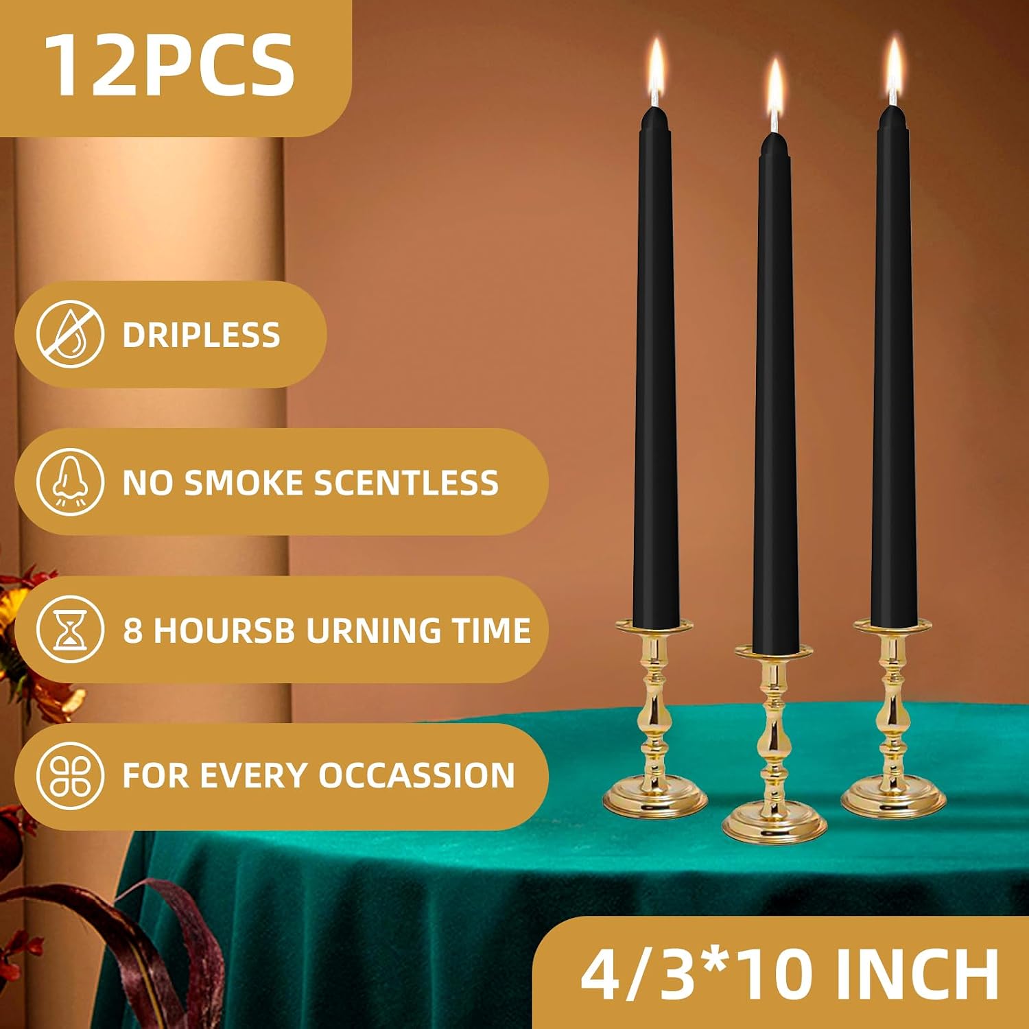 AUCT 22456 - 12 Pack Black Taper Candles 10 inch - Taper Candles Dripless, Smokeless, Unscented - 8 Hou - Image 2