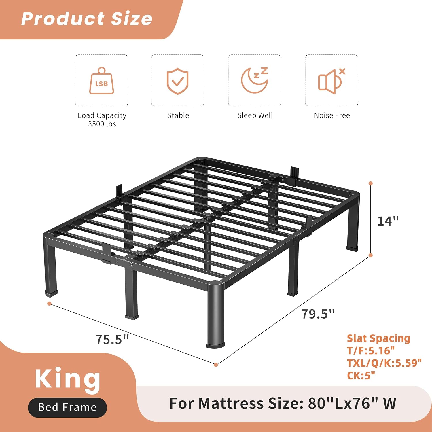 AUCT 20974 - $95 VIPSHOW 14 Inch King Heavy Duty 3500lbs Bed Frame with Round-Corner - Image 3