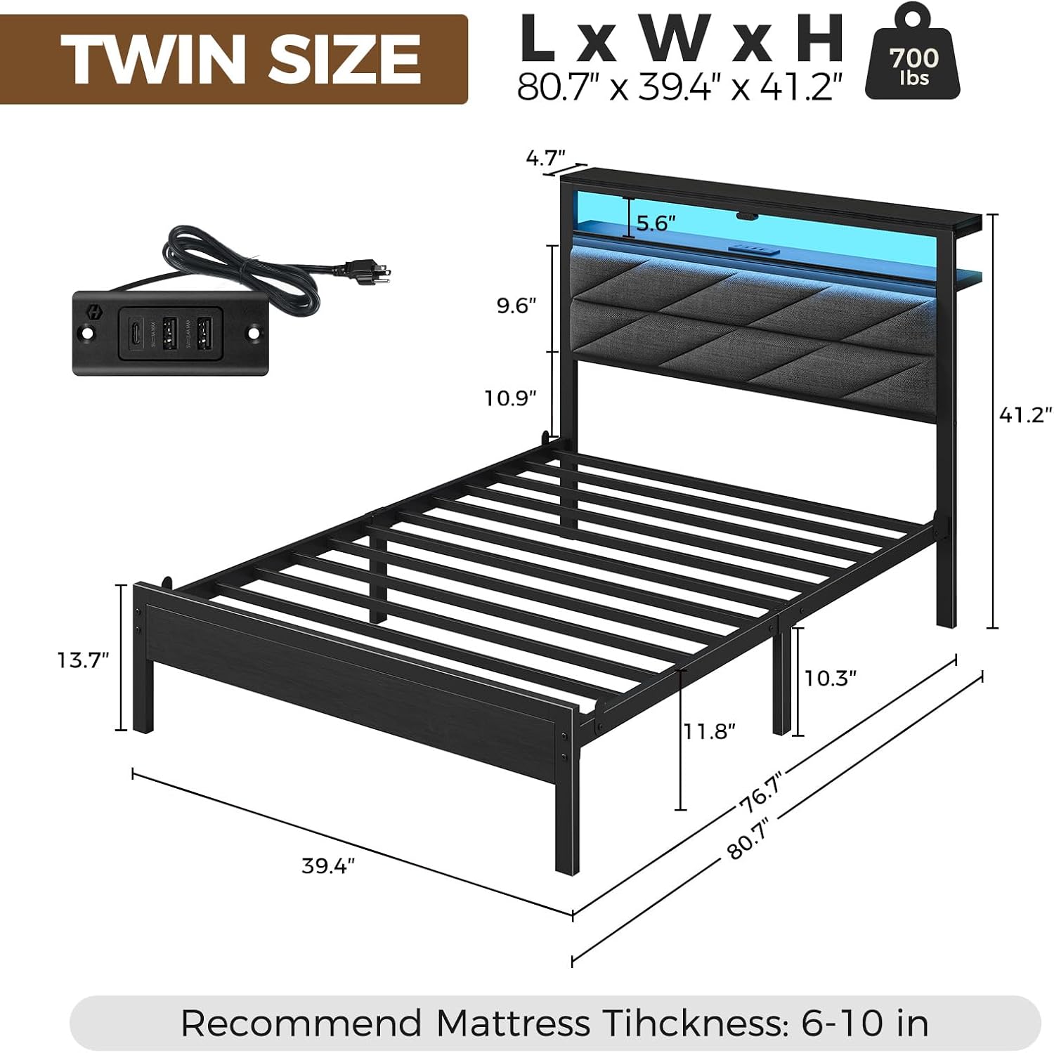 AUCT 22582 - $89 Seventable Bed Frame Twin Size with Charging Station LED Lights & Upholstered Storage - Image 2