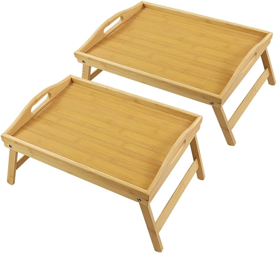 AUCT 20908 - WKWKER Bamboo Bed Tray Table with Folding Legs Set of 2 Foldable Breakfast Tray Portable S