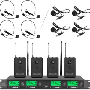 AUCT 22492 - $139 Wireless Microphone System Pro UHF 4 Channel 4 Lavalier Bodypacks 4 Lapel Mic 4 Heads