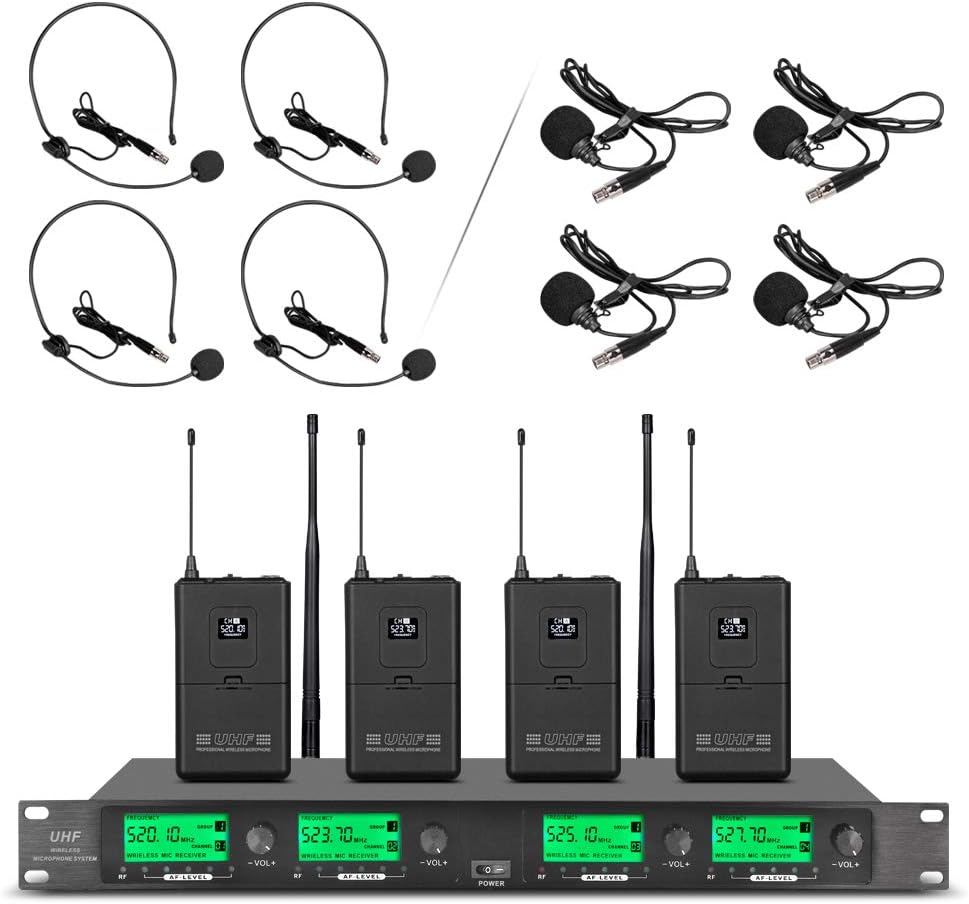 AUCT 22492 - $139 Wireless Microphone System Pro UHF 4 Channel 4 Lavalier Bodypacks 4 Lapel Mic 4 Heads