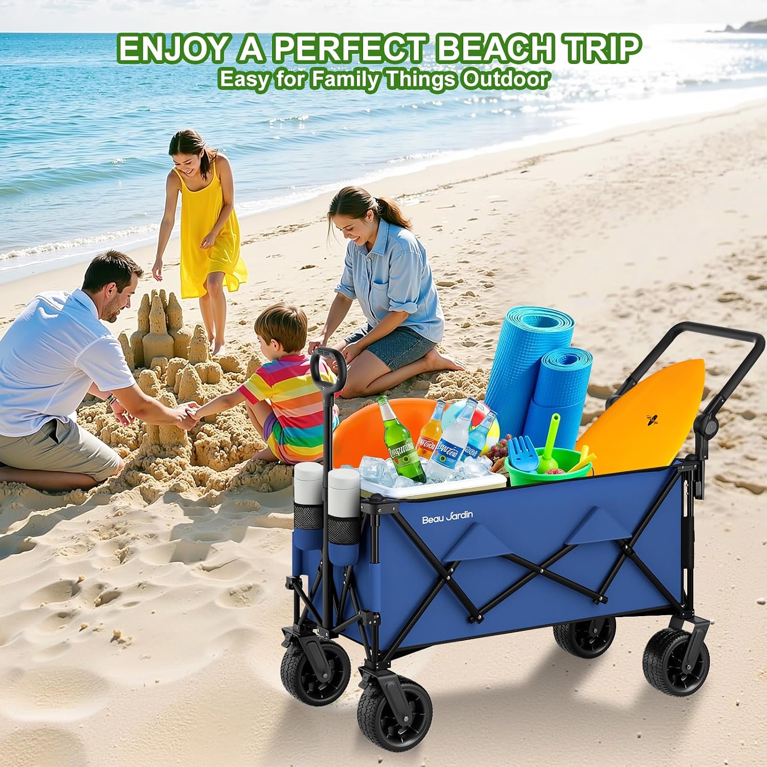 AUCT 22478 - $140 BEAU JARDIN Folding Push & Pull Beach Wagon 500 lbs Collapsible Foldable Wagons with - Image 3