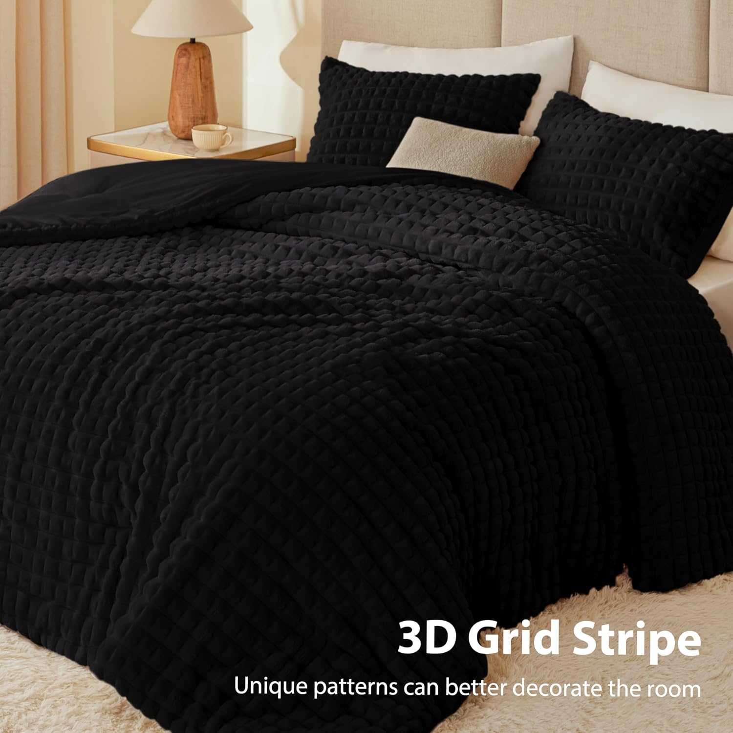 AUCT 20923 - EXQ Home Fluffy Comforter Set Queen Size - Super Soft Faux Fur 3D Grid Jacquard Comforter - Image 3