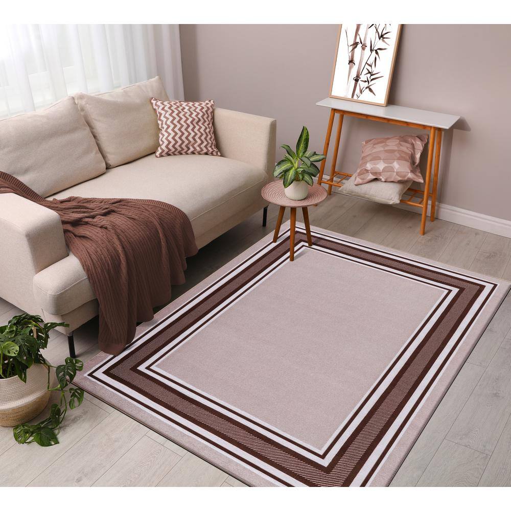 AUCT 22481g - $62 5 X 7 Beige Brown Carmel Bordered Non Slip Indoor Area Rug - Image 2
