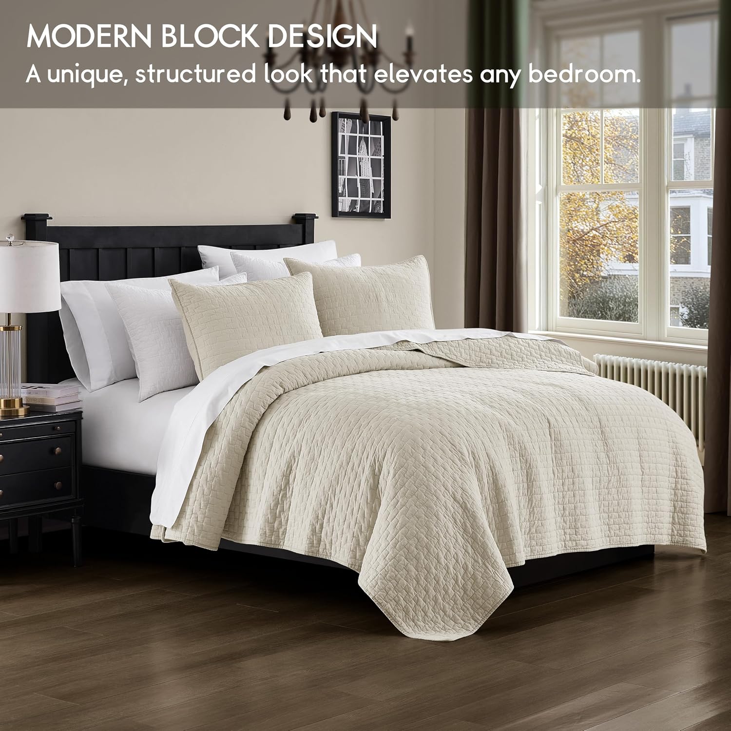 AUCT 20891 - $70 palassio Beige 100% Cotton Quilt Queen Size Bedding Sets with 2 Pillow Shams, Textured - Image 3