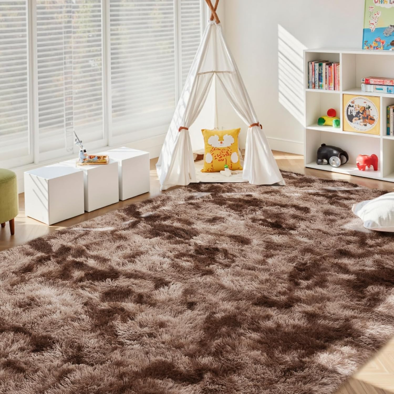 AUCT 20326 - $137 9x12 Ft Extra Large Shag Brown Area Rug for Living Room, Tie-Dyed Ultra Soft Fluffy F - Image 4
