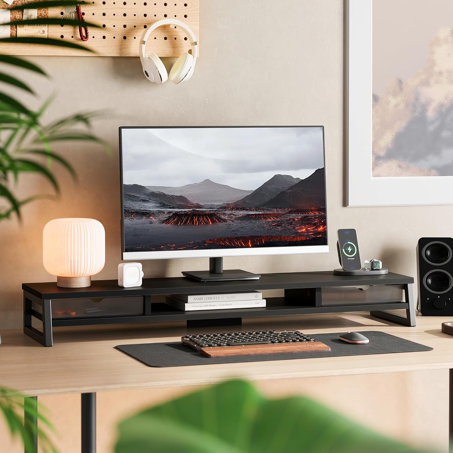 AUCT 20575 - $90 Fenge Dual Monitor Stand Riser, 42.5in Desk Shelf with 2 Drawers, Black - Image 2