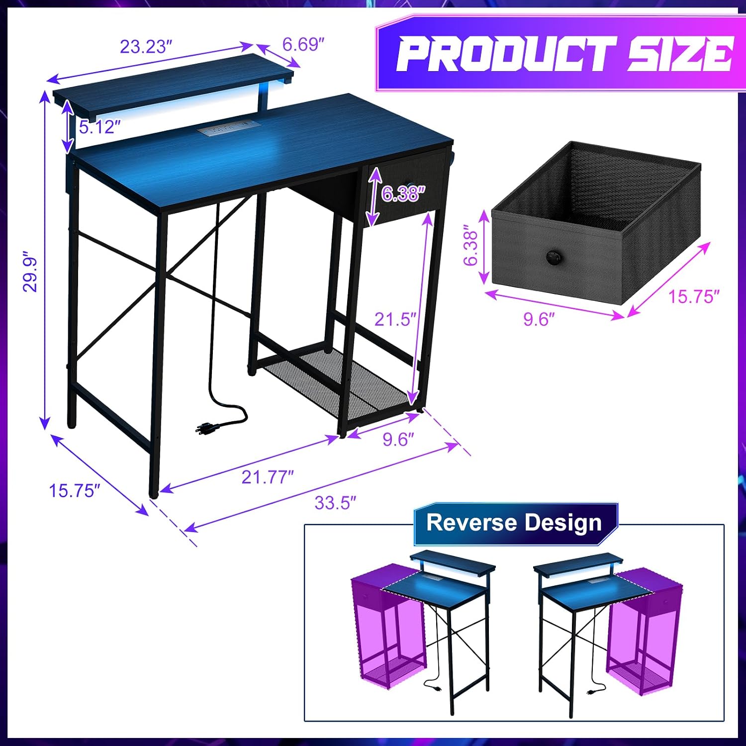 AUCT 21331 - $76 X-cosrack 33.5" Small Gaming Desk with LED Lights & Power Outlets, Compact Computer De - Image 2