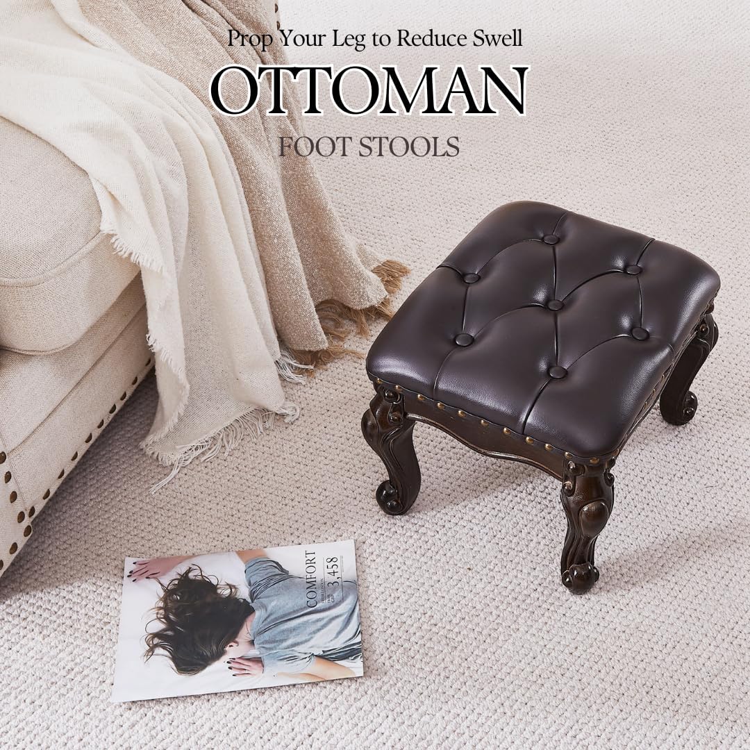 AUCT 21421 - $100 Foot Stools Ottoman, Leather Footstool for Living Room, Solid Wooden Small Vintage Ot - Image 4